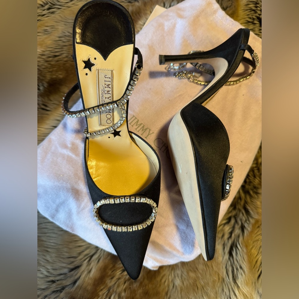 Jimmy Choo Black Crystal-Strap Pointed Toe Slingback Heels